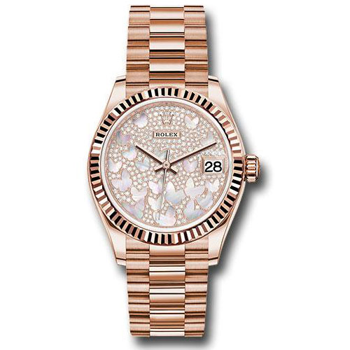 Rolex Everose Gold Datejust 31 Watch - Fluted Bezel - Diamond Paved Butterfly Dial - President Bracelet - 278275 pmopbp