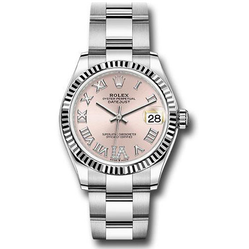 Rolex Steel and White Gold Datejust 31 Watch - Fluted Bezel - Pink Roman Diamond 6 Dial - Oyster Bracelet - 278274 pdr6o