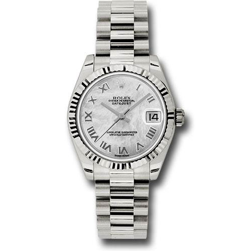 Rolex White Gold Datejust 31 Watch - Fluted Bezel - Mother-Of-Pearl Roman Dial - President Bracelet - 178279 mrp