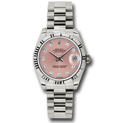 Rolex White Gold Datejust 31 Watch - Fluted Bezel - Pink Diamond Dial - President Bracelet - 178279 pdp