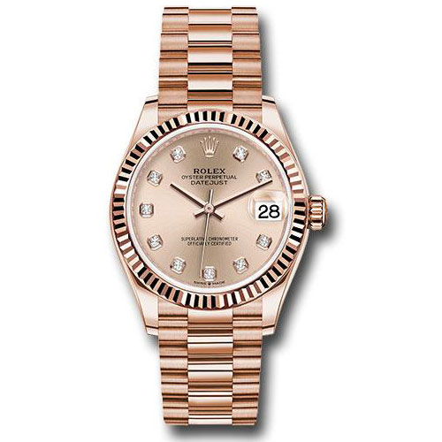 Rolex Everose Gold Datejust 31 Watch - Fluted Bezel - Rose Diamond Dial - President Bracelet - 278275 rsdp