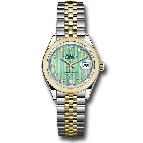 Rolex Steel and Yellow Gold Rolesor Lady-Datejust 28 Watch - Domed Bezel - Mint Green Diamond Dial - Jubilee Bracelet - 279163 mgdj