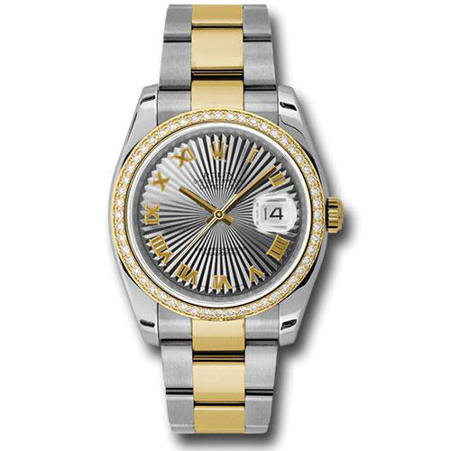 Rolex Steel and Yellow Gold Rolesor Datejust 36 Watch - 52 Diamond Bezel - Grey Sunbeam Roman Dial - Oyster Bracelet - 116243 gsbro