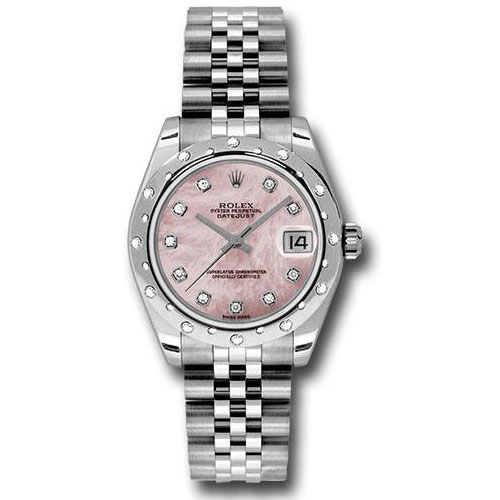Rolex Steel and White Gold Datejust 31 Watch - 24 Diamond Bezel - Pink Mother-Of-Pearl Diamond Dial - Jubilee Bracelet - 178344 pmdj