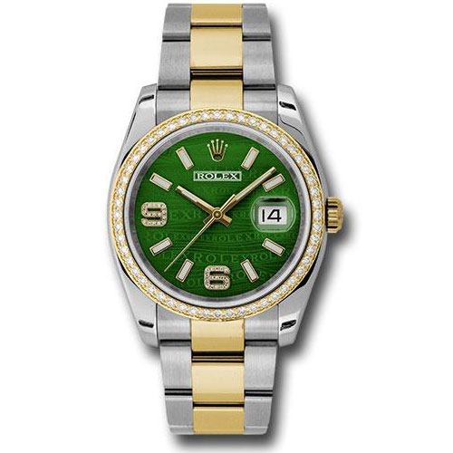 Rolex Steel and Yellow Gold Rolesor Datejust 36 Watch - 52 Diamond Bezel - Green Wave Diamond Arabic 6 And 9 Dial - Oyster Bracelet - 116243 gwdao