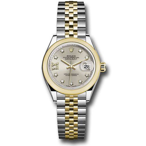 Rolex Steel and Yellow Gold Rolesor Lady-Datejust 28 Watch - Domed Bezel - Silver Diamond Star Dial - Jubilee Bracelet - 279163 s9dix8dj