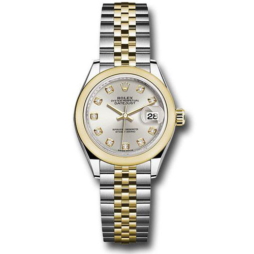 Rolex Steel and Yellow Gold Rolesor Lady-Datejust 28 Watch - Domed Bezel - Silver Diamond Dial - Jubilee Bracelet - 279163 sdj