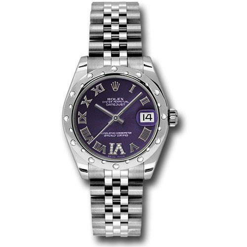 Rolex Steel and White Gold Datejust 31 Watch - 24 Diamond Bezel - Purple Diamond Roman Vi Roman Dial - Jubilee Bracelet - 178344 pudrj