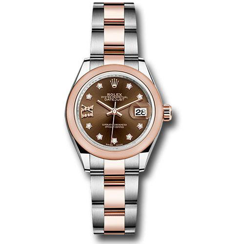 Rolex Steel and Everose Gold Rolesor Lady-Datejust 28 Watch - Domed Bezel - Chocolate Diamond Star Dial - Oyster Bracelet - 279161 cho9dix8do