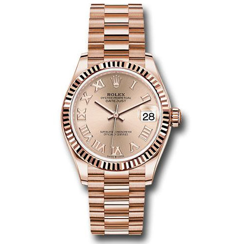 Rolex Everose Gold Datejust 31 Watch - Fluted Bezel - Rose Roman Dial - President Bracelet - 278275 rsrp
