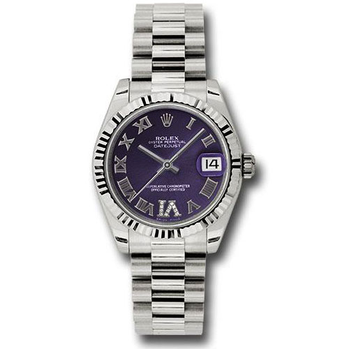Rolex White Gold Datejust 31 Watch - Fluted Bezel - Purple Diamond Roman Vi Roman Dial - President Bracelet - 178279 pdrp