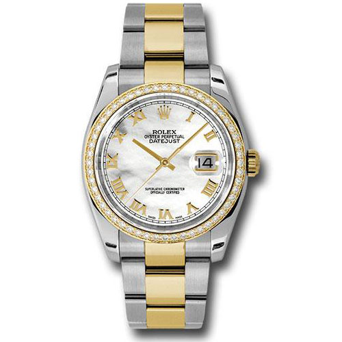 Rolex Steel and Yellow Gold Rolesor Datejust 36 Watch - 52 Diamond Bezel - Mother-Of-Pearl Roman Dial - Oyster Bracelet - 116243 mro