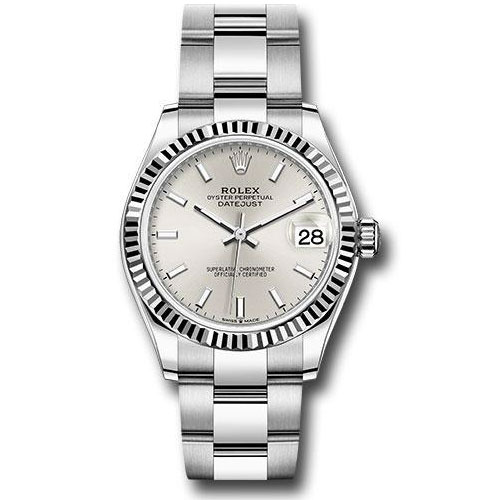 Rolex Steel and White Gold Datejust 31 Watch - Fluted Bezel - Silver Index Dial - Oyster Bracelet - 278274 sio