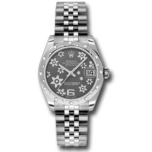 Rolex Steel and White Gold Datejust 31 Watch - 24 Diamond Bezel - Dark Rhodium Floral Motif Dial - Jubilee Bracelet - 178344 rfj