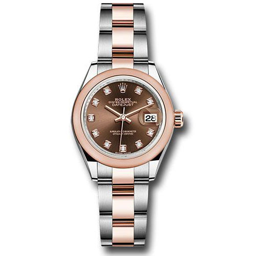 Rolex Steel and Everose Gold Rolesor Lady-Datejust 28 Watch - Domed Bezel - Chocolate Diamond Dial - Oyster Bracelet - 279161 chodo
