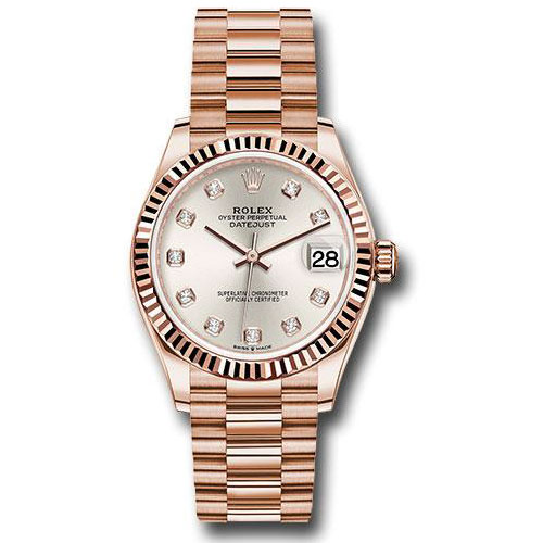 Rolex Everose Gold Datejust 31 Watch - Fluted Bezel - Silver Diamond Dial - President Bracelet - 278275 sdp