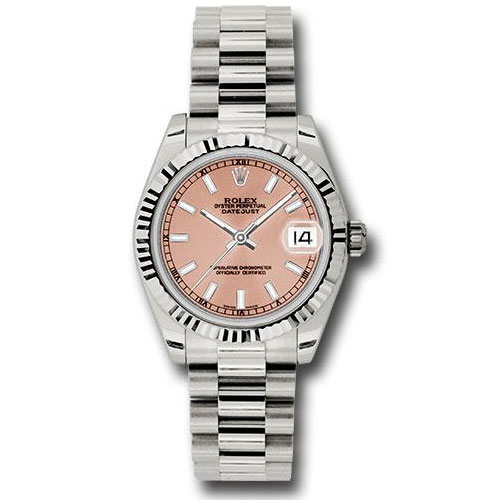 Rolex White Gold Datejust 31 Watch - Fluted Bezel - Pink Index Dial - President Bracelet - 178279 pip
