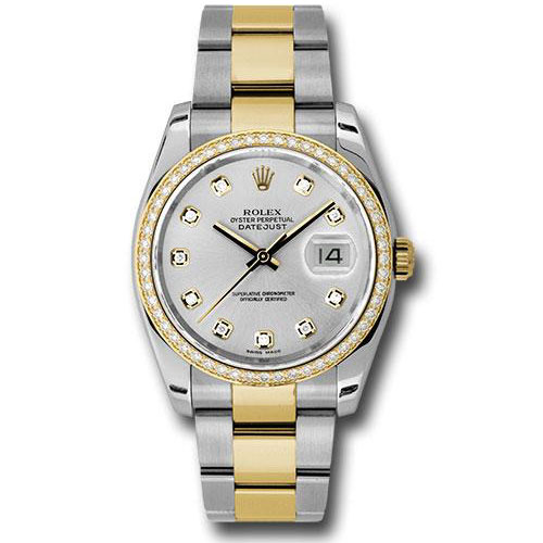 Rolex Steel and Yellow Gold Rolesor Datejust 36 Watch - 52 Diamond Bezel - Silver Diamond Dial - Oyster Bracelet - 116243 sdo
