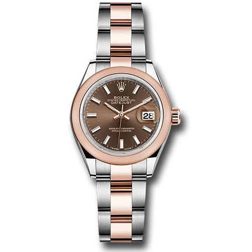 Rolex Steel and Everose Gold Rolesor Lady-Datejust 28 Watch - Domed Bezel - Chocolate Index Dial - Oyster Bracelet - 279161 choio