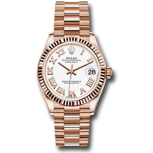 Rolex Everose Gold Datejust 31 Watch - Fluted Bezel - White Roman Dial - President Bracelet - 278275 wrp