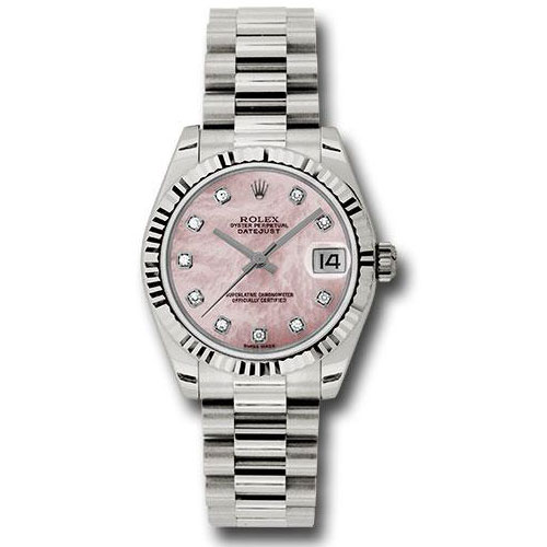 Rolex White Gold Datejust 31 Watch - Fluted Bezel - Pink Mother-Of-Pearl Diamond Dial - President Bracelet - 178279 pmdp