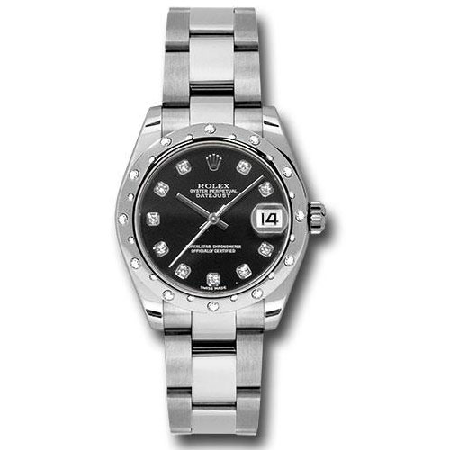 Rolex Steel and White Gold Datejust 31 Watch - 24 Diamond Bezel - Black Diamond Dial - Oyster Bracelet - 178344 bkdo