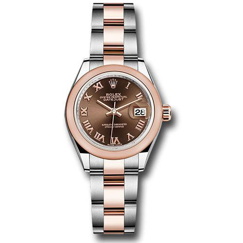 Rolex Steel and Everose Gold Rolesor Lady-Datejust 28 Watch - Domed Bezel - Chocolate Roman Dial - Oyster Bracelet - 279161 choro
