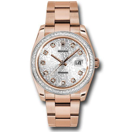 Rolex Everose Gold Datejust 36 Watch - Baguette Diamond Bezel - Silver Jublilee Diamond Dial - Oyster Bracelet - 116285BBR sjdo