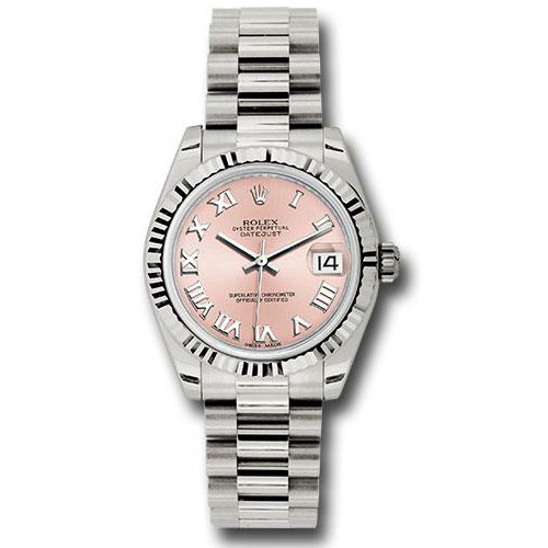 Rolex White Gold Datejust 31 Watch - Fluted Bezel - Pink Roman Dial - President Bracelet - 178279 prp