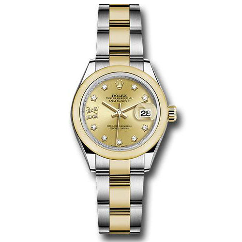 Rolex Steel and Yellow Gold Rolesor Lady-Datejust 28 Watch - Domed Bezel - Champagne Diamond Star Dial - Oyster Bracelet - 279163 ch9dix8do