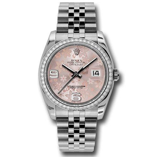 Rolex Steel and White Gold Datejust 36 Watch - 52 Diamond Bezel - Pink Floral Arabic Dial - Jubilee Bracelet - 116244  pfaj