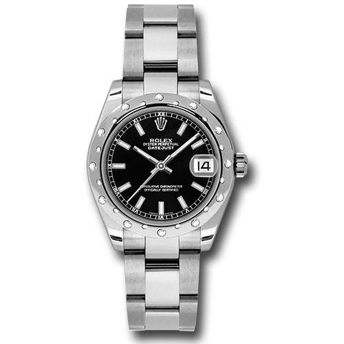 Rolex Steel and White Gold Datejust 31 Watch - 24 Diamond Bezel - Black Index Dial - Oyster Bracelet - 178344 bkio