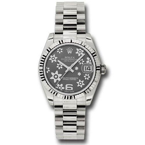 Rolex White Gold Datejust 31 Watch - Fluted Bezel - Dark Rhodium Floral Motif Dial - President Bracelet - 178279 rfp