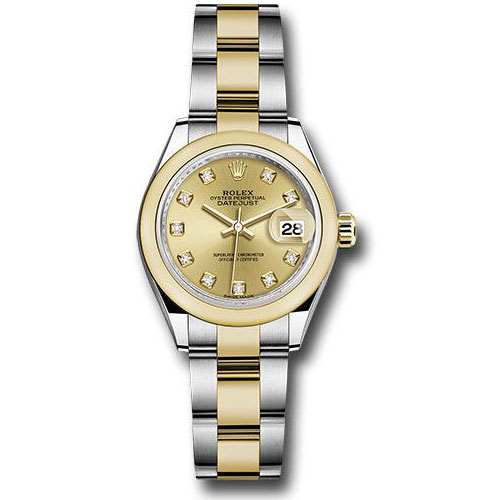 Rolex Steel and Yellow Gold Rolesor Lady-Datejust 28 Watch - Domed Bezel - Champagne Diamond Dial - Oyster Bracelet - 279163 chdo
