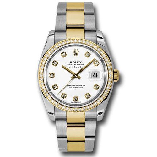 Rolex Steel and Yellow Gold Rolesor Datejust 36 Watch - 52 Diamond Bezel - White Diamond Dial - Oyster Bracelet - 116243 wdo