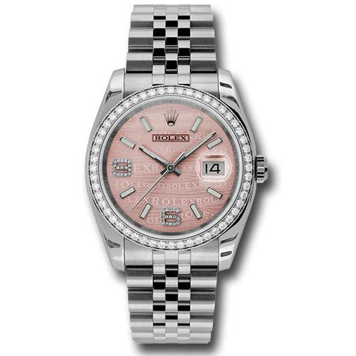 Rolex Steel and White Gold Datejust 36 Watch - 52 Diamond Bezel - Pink Wave Diamond 6 And 9 Arabic Dial - Jubilee Bracelet - 116244  pwdaj