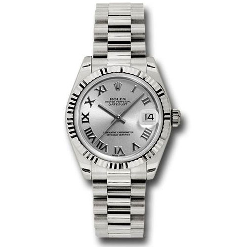 Rolex White Gold Datejust 31 Watch - Fluted Bezel - Rhodium Roman Dial - President Bracelet - 178279 rrp