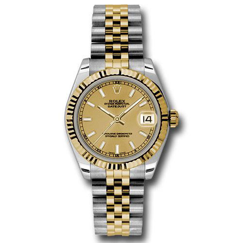 Rolex Steel and Yellow Gold Datejust 31 Watch - Fluted Bezel - Champagne Index Dial - Jubilee Bracelet - 178273 chij