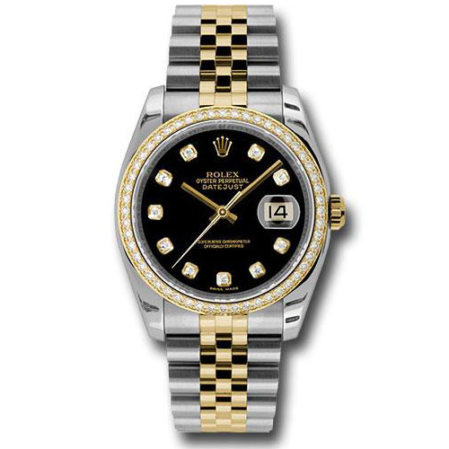 Rolex Steel and Yellow Gold Rolesor Datejust 36 Watch - 52 Brilliant-Cut Diamond Bezel - Black Diamond Dial - Jubilee Bracelet - 116243 bkdj