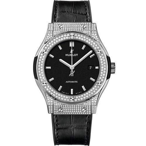 Hublot Classic Fusion Titanium Pave Watch - 42 mm - Black Dial - Black Rubber and Leather Strap-542.NX.1171.LR.1704