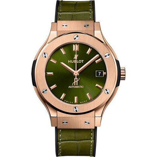 Hublot Classic Fusion King Gold Green Watch - 38 mm - Green Dial - Black Rubber and Green Leather Strap-565.OX.8980.LR