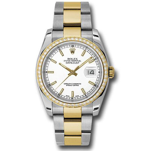 Rolex Steel and Yellow Gold Rolesor Datejust 36 Watch - 52 Diamond Bezel - White Index Dial - Oyster Bracelet - 116243 wio