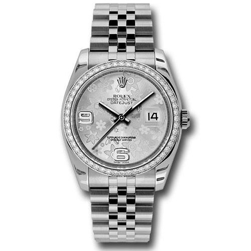 Rolex Steel and White Gold Datejust 36 Watch - 52 Diamond Bezel - Silver Floral Arabic Dial - Jubilee Bracelet - 116244  sfaj