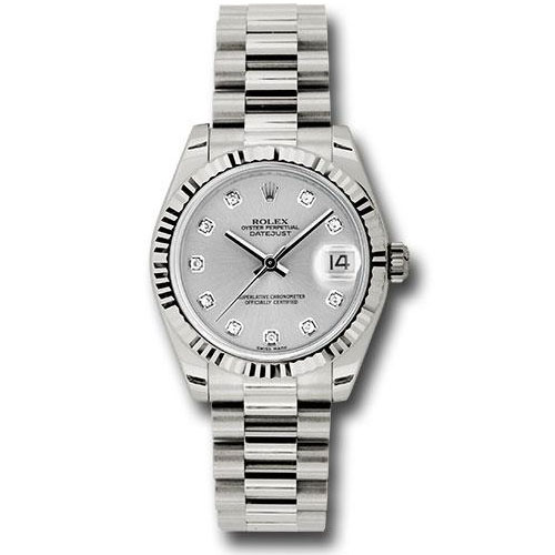 Rolex White Gold Datejust 31 Watch - Fluted Bezel - Silver Diamond Dial - President Bracelet - 178279 sdp
