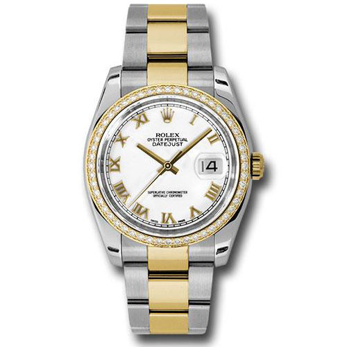 Rolex Steel and Yellow Gold Rolesor Datejust 36 Watch - 52 Diamond Bezel - White Roman Dial - Oyster Bracelet - 116243 wro