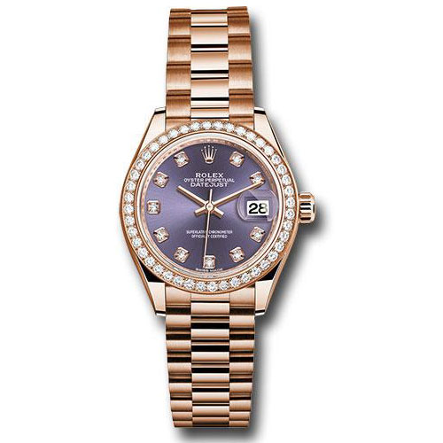 Rolex Everose Gold Lady-Datejust 28 Watch - 44 Diamond Bezel - Aubergine Diamond Dial - President Bracelet - 279135RBR adp