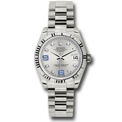 Rolex White Gold Datejust 31 Watch - Fluted Bezel - Silver Diamond Sapphire 6 And 9 Diamond Dial - President Bracelet - 178279 sdsap