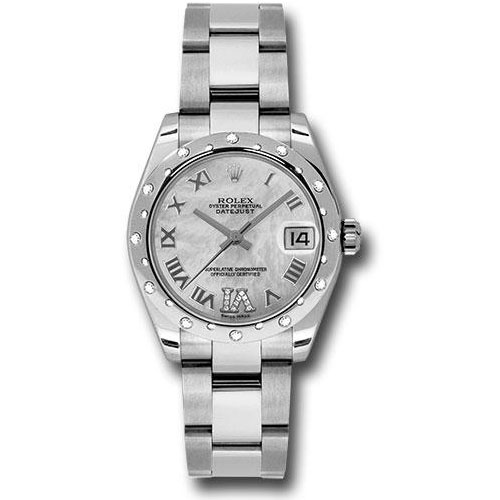 Rolex Steel and White Gold Datejust 31 Watch - 24 Diamond Bezel - Mother-Of-Pearl Diamond Roman Vi Roman Dial - Oyster Bracelet - 178344 mdro