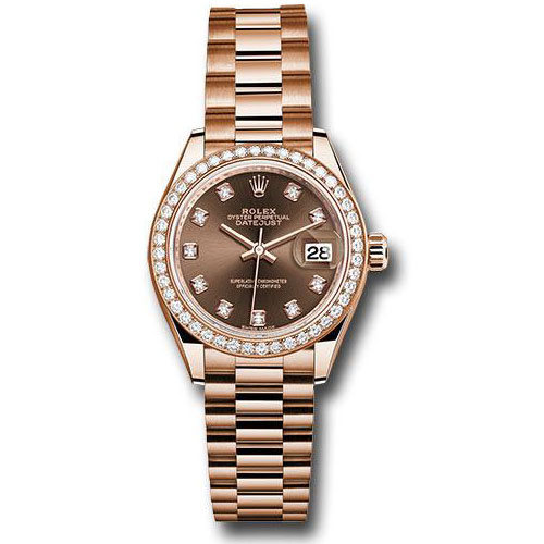 Rolex Everose Gold Lady-Datejust 28 Watch - 44 Diamond Bezel - Chocolate Diamond Dial - President Bracelet - 279135RBR chodp