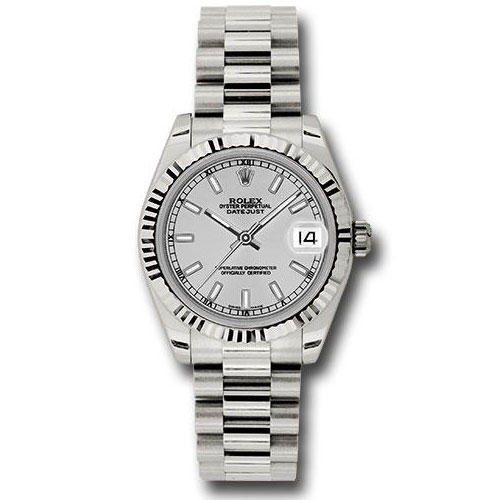 Rolex White Gold Datejust 31 Watch - Fluted Bezel - Silver Index Dial - President Bracelet - 178279 sip
